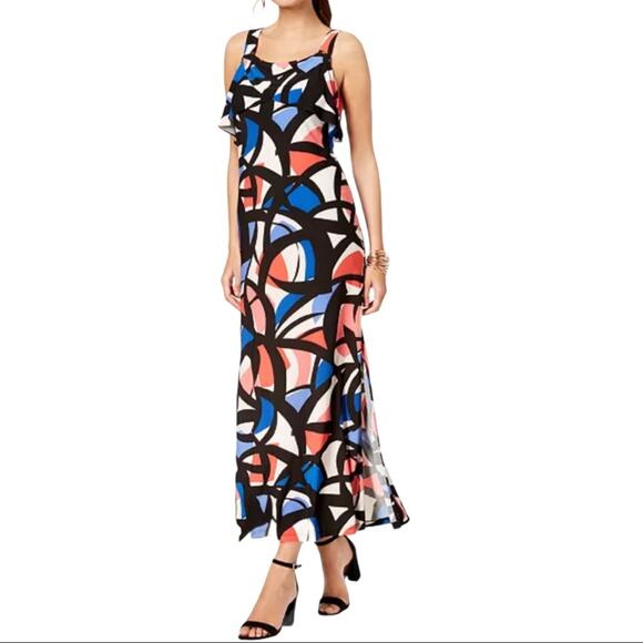 Nine West Geo print side Slit Ruffled Maxi Dress 8 - Picture 1 of 8